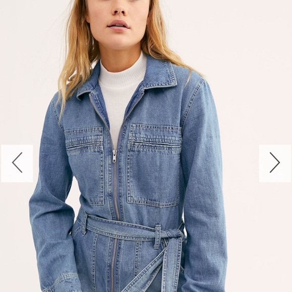 Free People Zipper Front Point Collar Long Sleeve Overall Denim Jumpsuit Size 28 - Picture 2 of 14